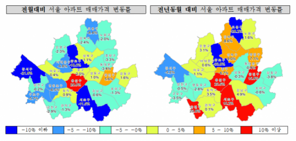 ▲(왼쪽부터)전월 대비 지난달 서울 아파트 매매가격 변동률과 전년 동월 대비 서울 아파트 매매가격 변동률. (자료제공=한국공인중개사협회)