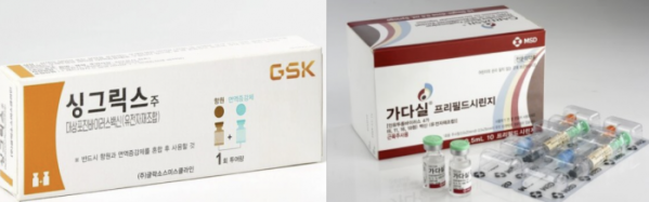 ▲GSK의 대상포진 백신 싱그릭스(왼쪽)와 MSD의 HPV 예방 백신 가다실. (사진제공=각사)