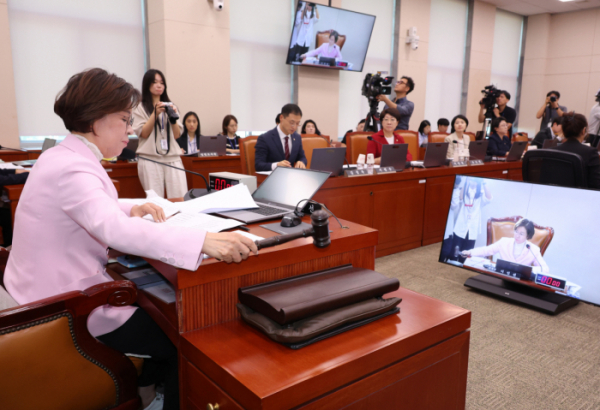 ▲이인선 국회 여성가족위원장이 23일 서울 여의도 국회에서 열린 제3차 여성가족위원회에서 성폭력방지법 및 청소년성보호법(딥페이크 성범죄 방지법) 등 안건을 가결하고 있다.  (뉴시스)