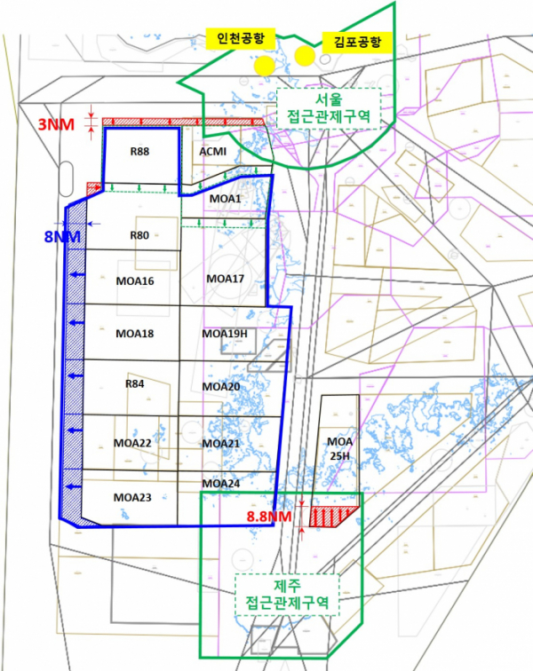 ▲20년 만에 군공역이 확대된다. 인천공항 남쪽 서해공중기동훈련구역(ACMI), 비행제한구역(R88), 군작전구역(MOA1)을 남으로 3NM(5.6㎞) 이동하고 서해 비행제한구역(R80, R84 등), 군작전구역(MOA16, MOA18 등) 서편 8NM(14.8㎞) 확대 및 상한고도가 상향(4만피트→5만피트)된다. 또 제주공항 북쪽 군작전구역(MOA25H) 남부 8.8NM(16.3㎞) 하한고도는 상향(1만피트→1만7000피트)된다. (사진제공=국토교통부)