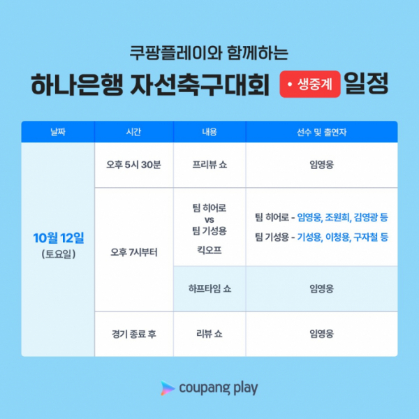 ▲하나은행 자선축구대회 생중계 일정(사진제공=쿠팡플레이)