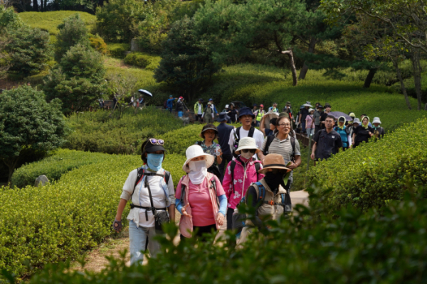 ▲27일 충남 태안군 안면도자연휴양림에서 열린 '동서트레일 서쪽구간 개통식'에서 참가자들이 1구간을 걷고 있다. (사진제공=산림청)