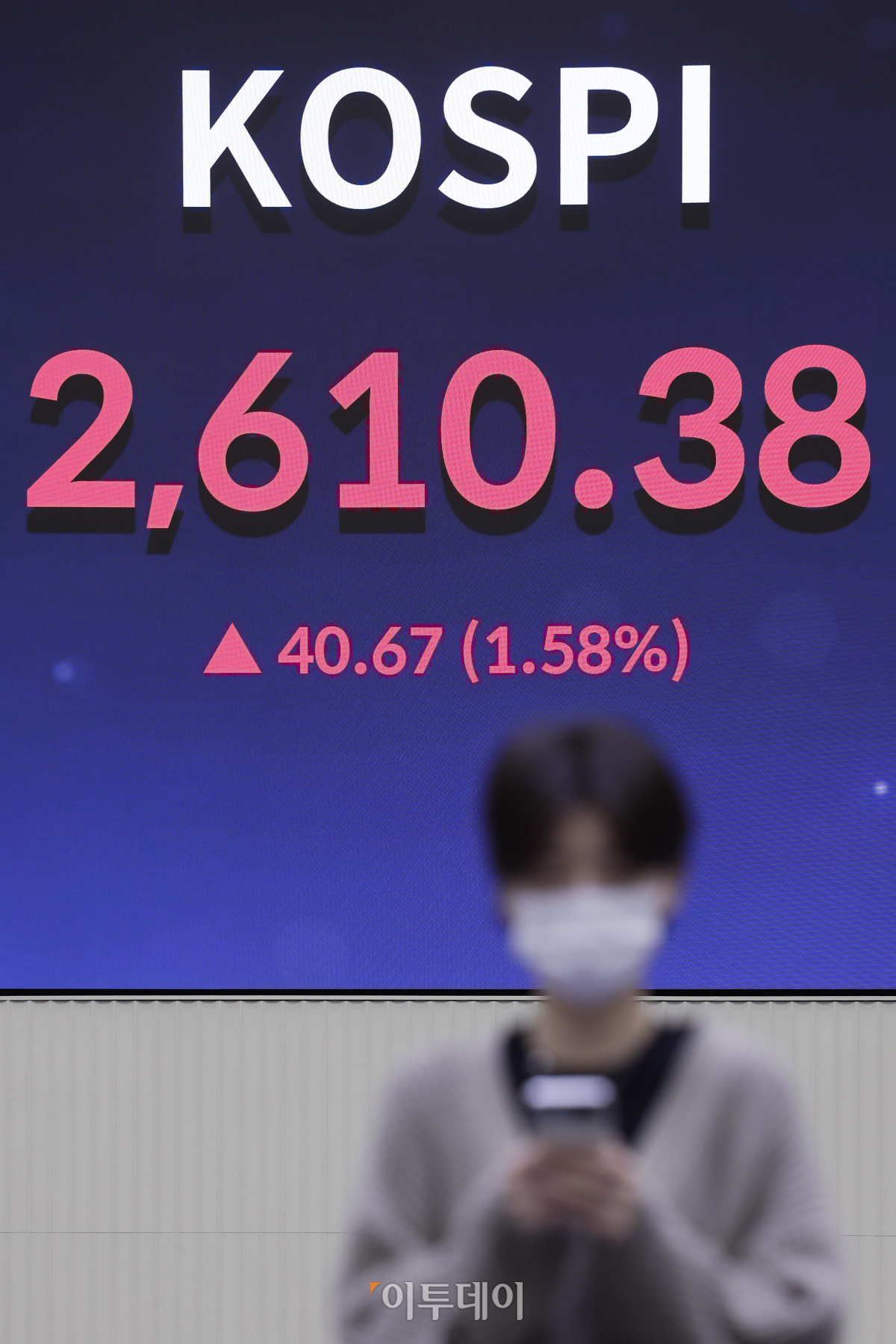 ▲코스피와 코스닥 지수가 1% 이상 급등하며 2610선으로 상승 마감한 7일 서울 영등포구 KRX 한국거래소 서울사무소 전광판에 코스피, 코스닥 지수가 나타나고 있다. 이날 코스피 지수는 전 거래일보다 40.67(1.58%) 오른 2610.38을 나타냈다. 조현호 기자 hyunho@