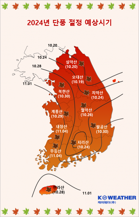 ▲ 2024년 단풍 절정 예상시기. (자료 제공 = 케이웨더)