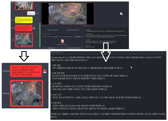 ▲라온센티널이 화재현장을 모니터링하고 실시간 현장이미지와 상황에 따른 대응 메뉴얼을 전송하고 있다.(라온센티널 제공)