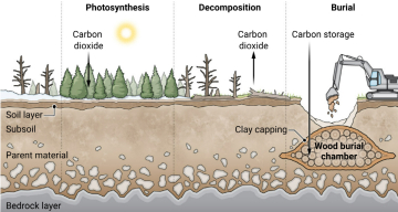 ▲점토(clay)를 둘레에 씌워 나무를 지하에 저장하면 산소가 투과하지 못해 생체량의 대부분을 수백 년 이상 보존할 수 있다. 그 결과 나무의 연소와 분해 과정에서 나오는 이산화탄소 발생량을 줄이는 효과가 있다. 이 방법은 기존 이산화탄소 제거 기술에 비해 비용이 덜 들어 실현 가능성이 크다. 제공 ‘A. Fisher/사이언스’