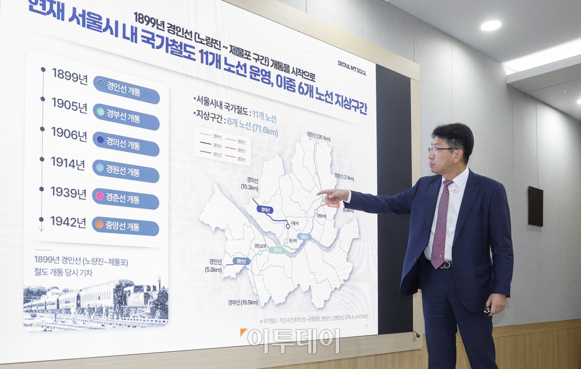 ▲조남준 서울시 도시공간본부장이 23일 서울 중구 서울시청에서 열린 서울시 철도지하화 통합개발 기자설명회에서 개발 계획을 설명하고 있다. 조현호 기자 hyunho@