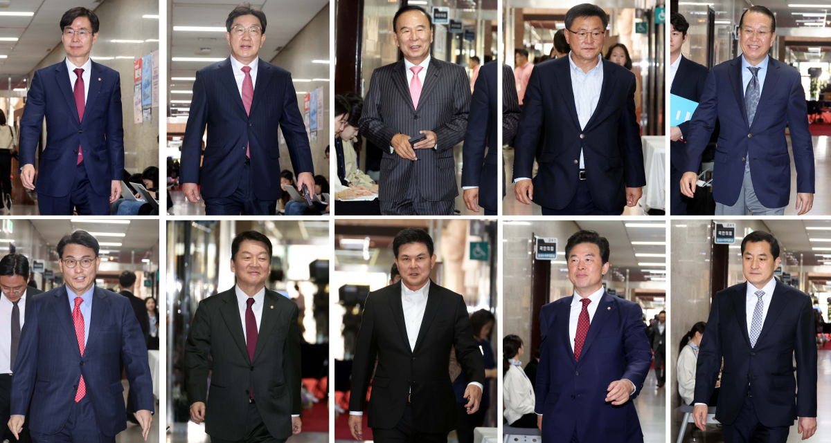 ▲31일 오후 서울 여의도 국회 원내대표실에서 열린 원내대표주재 비공개 중진회의에 국민의힘 의원들이 참석하고 있다. 왼쪽부터 시계방향으로 조경태 의원, 권성동 의원, 박덕흠 의원, 이헌승 의원, 권영세 의원, 박대출 의원, 윤영석 의원, 김태호 의원, 안철수 의원, 윤상현 의원. 202024.10.31. (뉴시스)