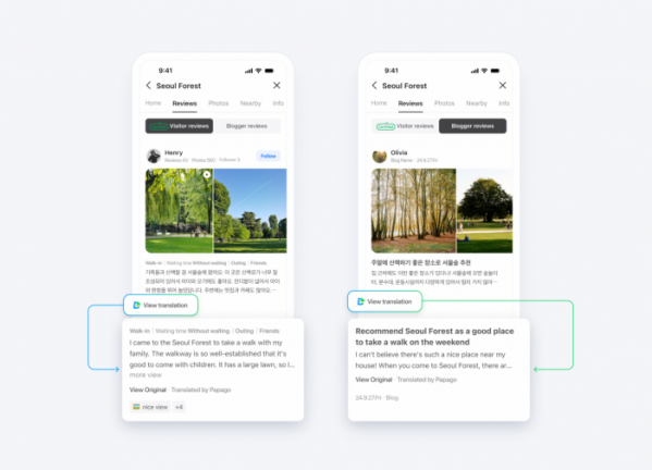 ▲네이버는 외국인 사용자가 네이버 지도에서 한층 편리하게 장소 탐색을 할 수 있도록 방문자 리뷰와 플레이스 필터에 대해 다국어 번역을 지원한다. (사진제공=네이버)