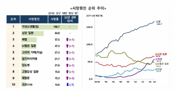 ▲2023년 사망 원인 순위 추이 (통계청)