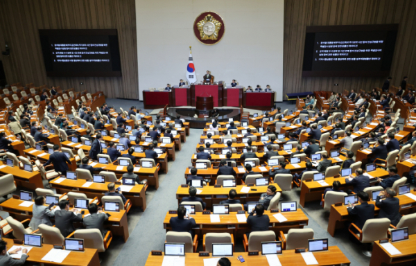 ▲4일 오후 서울 여의도 국회에서 열린 제418회 국회(정기회) 제10차 본회의에서 윤석열대통령배우자김건희의주가조작사건등의진상규명을위한특별검사임명등에관한법률안, 순직해병수사방해및사건은폐등의진상규명을위한특별검사의임명등에관한법률안, 지역사랑상품권이용활성화에관한법률일부개정법률안재의의건이 부결되고 있다. 2024.10.04.  (뉴시스)