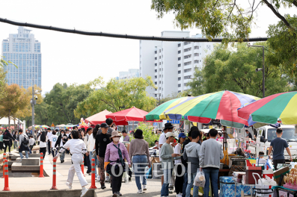 ▲5일 서울 여의도 한강공원에서 열리는 서울세계불꽃축제 2024를 앞두고 행사장을 중심으로 인파가 몰려있다. 고이란 기자 photoeran@