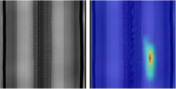 ▲X-Ray 검사 장비로 결함을 확인한 타이어(왼쪽)와 육안으로 확인이 거의 불가능한 결함까지 찾아내는 AI의 검사 결과 이미지. (사진제공=넥센타이어)