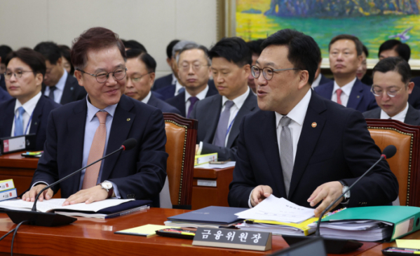 ▲김병환(오른쪽) 금융위원장과 강석훈 산업은행 회장이 10일 서울 여의도 국회에서 열린 정무위원회의 금융위원회 등에 대한 국정감사에 앞서 대화하고 있다. 신태현 기자 holjjak@