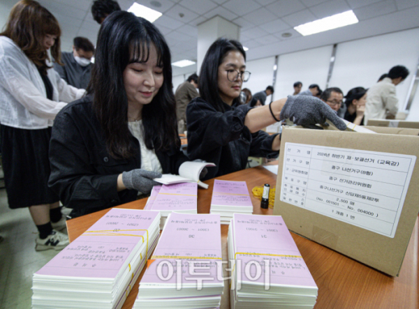 ▲서울시교육감 보궐선거를 이틀 앞둔 14일 서울 중구선거관리위원회 사무실에서 각 동의 투표관리관들이 투표 관련 교육을 받은 후 해당 투표구에서 사용될 투표용지를 검수하고 있다. 조현호 기자 hyunho@