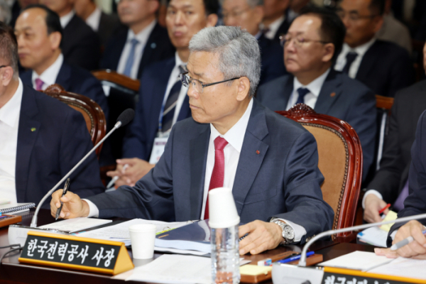 ▲김동철 한국전력공사 사장이 14일 전남 나주시 한국전력공사 본사에서 열린 산업통산자원중소벤처기업위원회 국정감사에서 질의를 듣고 있다. (연합뉴스)