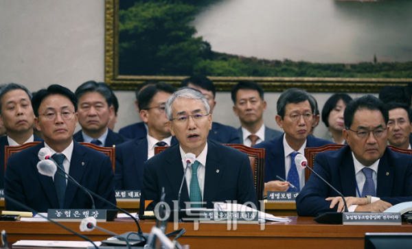 ▲이석준 NH농협금융지주 회장이 18일 서울 여의도 국회 농림축산식품해양수산위원회의 국정감사에서 의원 질의에 답하고 있다. 고이란 기자 photoeran@