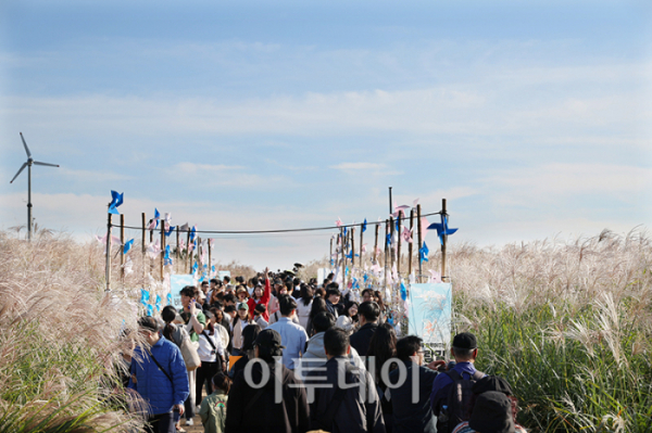 ▲20일 서울 마포구 상암동 하늘공원에서 제23회 서울억새축제를 찾은 시민들이 가을 산책을 하고 있다. '억새 바람을 품다'를 주제로 25일까지 열리는 이번 축제에는 음악과 함께 레이저 조명으로 억새 야간 경관을 수놓는 '억새바람 라이팅쇼'를 비롯해 소원바위, 바람길 등 소원을 적고 걸 수 있는 '바람존'과 억새 경관과 함께 어우러지는 바람풍선, 억새 사인물 그네 등의 '억새바람 포토존' 등을 운영한다. 고이란 기자 photoeran@