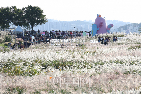 ▲20일 서울 마포구 상암동 하늘공원에서 제23회 서울억새축제를 찾은 시민들이 가을 산책을 하고 있다. '억새 바람을 품다'를 주제로 25일까지 열리는 이번 축제에는 음악과 함께 레이저 조명으로 억새 야간 경관을 수놓는 '억새바람 라이팅쇼'를 비롯해 소원바위, 바람길 등 소원을 적고 걸 수 있는 '바람존'과 억새 경관과 함께 어우러지는 바람풍선, 억새 사인물 그네 등의 '억새바람 포토존' 등을 운영한다. 고이란 기자 photoeran@