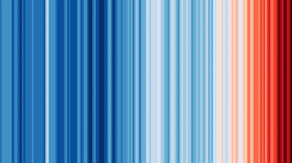 ▲1850년부터 2023년까지 지구 온도 변화를 바코드 형태로 표현한 '가열화 줄무늬(Warming Stripes)'. 영국 레딩대 기상학 교수인 에드 호킨스가 고안했다. 파란색 줄은 상대적으로 추운 해를, 빨간색 줄은 상대적으로 더운 해를 뜻한다. 기후위기가 극심해진 최근에는 갈수록 검붉은 줄무늬를 보인다. (Show Your Stripes 홈페이지)