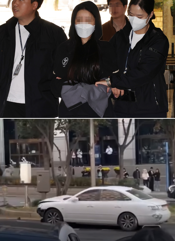 ▲서울 강남에서 역주행 등으로 7중 추돌사고를 낸 20대 여성이 4일 구속 전 피의자 심문을 받기 위해 서울중앙지법으로 들어가고 있다. 법원은 도주를 우려해 해당 여성을 구속했다. (연합뉴스/연합뉴스TV 화면 캡처)