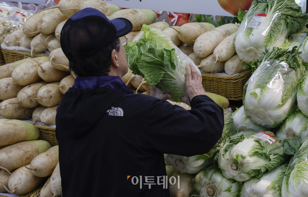 ▲소비자물가 상승률이 두 달 연속 1%대를 기록하며 둔화세를 이어갔다. 5일 통계청이 발표한 소비자물가동향에 따르면 10월 소비자물가 지수는 114.69(2020년=100)로 작년 같은 달보다 1.3% 상승했다. 다만, 농축수산물 가격 상승세는 여전히 높은 수준을 유지하고 있다. 김장 재료인 배추(51.5%), 무(52.1%) 등 채소는 50% 넘게 상승했고 상추도 49.3% 올랐다. 이날 서울 시내 한 대형마트를 찾은 시민들이 김장 재료인 배추와 무를 살펴보고 있다. 조현호 기자 hyunho@