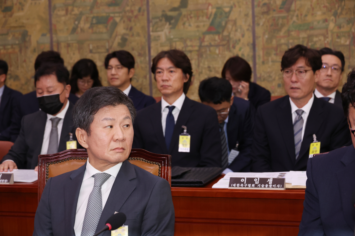 ▲정몽규 대한축구협회장과 홍명보 감독, 이임생 협회 기술총괄이사가 9월 서울 여의도 국회에서 열린 문화체육관광위원회 전체회의에 출석, 자리에 앉아 시작을 기다리고 있다. (연합뉴스)