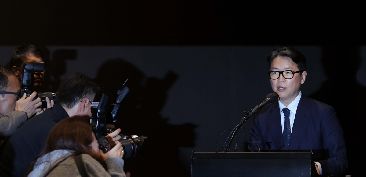 ▲임종훈 한미사이언스 대표이사가 7일 서울 여의도 글래드호텔에서 열린 ‘기업가치 제고를 위한 한미그룹 밸류업 및 중장기 성장전략’ 기자회견에서 발언하고 있다. 신태현 기자 holjjak@