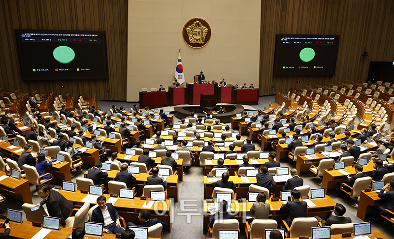 ▲14일 서울 여의도 국회에서 열린 본회의에서 국민의힘 의원들이 퇴장한 가운데 윤석열 대통령 배우자 김건희의 주가조작 사건 등의 진상규명을 위한 특별검사 임명 등에 관한 법률안의 수정안이 가결되고 있다. 고이란 기자 photoeran@