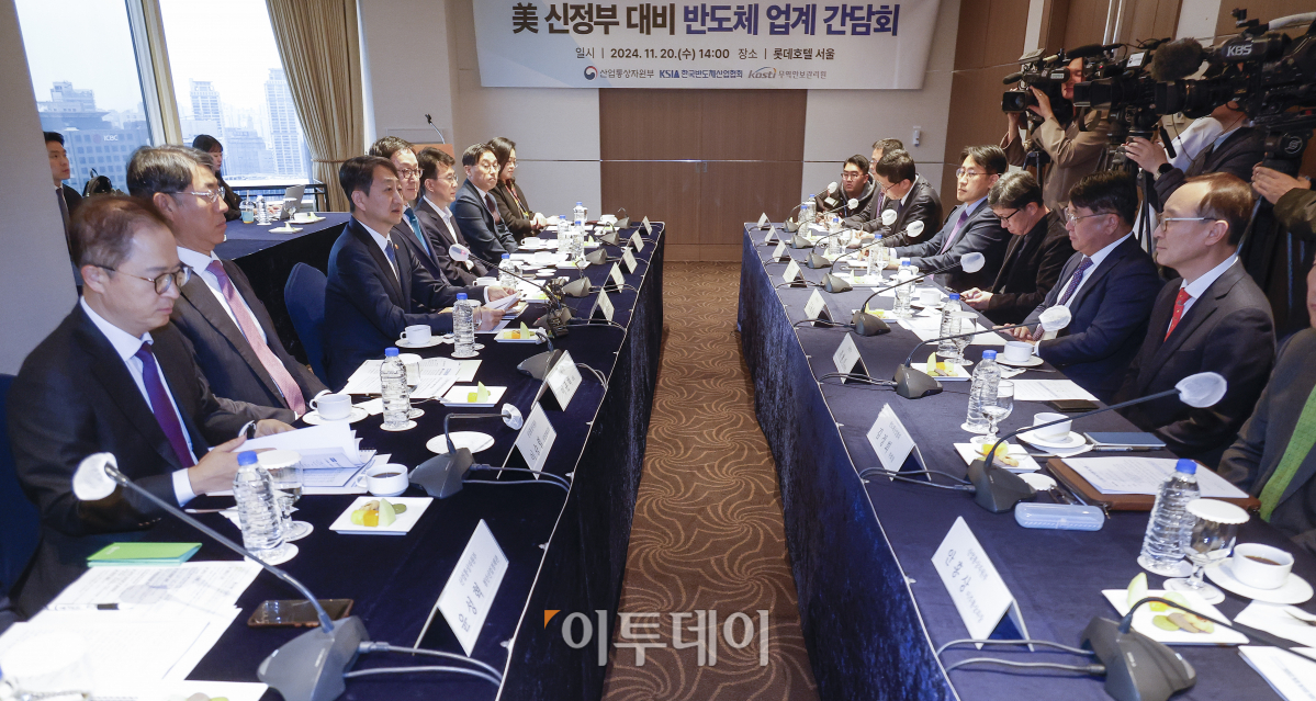 ▲안덕근 산업통상자원부 장관이 20일 서울 중구 롯데호텔에서 열린 美 신정부 대비 반도체 업계 간담회에서 모두발언을 하고 있다. 조현호 기자 hyunho@