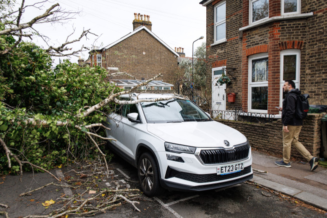 ▲24일(현지시간) 영국 런던의 한 거리에 폭풍 ‘버트’로 인해 나무가 쓰러져 차를 덮쳤다. 런던/EPA연합뉴스