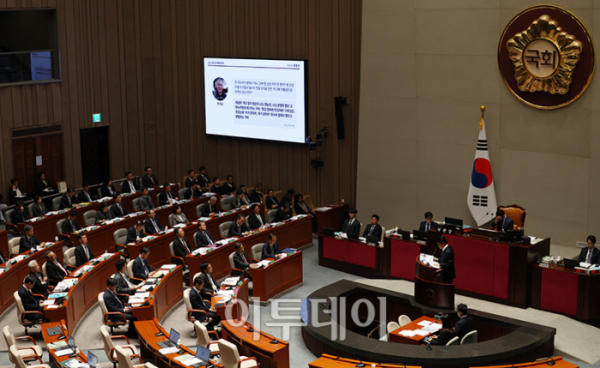 ▲한덕수 국무총리가 7일 서울 여의도 국회에서 열린 예산결산특별위원회에서 의원 질의에 답하고 있다. 고이란 기자 photoeran@