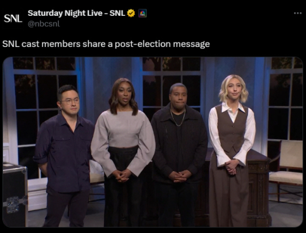 ▲미국 새터데이 나이트 라이브(SNL) 크루가 9일(현지시간) 도널드 트럼프 당선인에게 사과 메시지를 보내고 있다. 출처 SNL 엑스