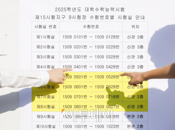 ▲2025학년도 대학수학능력시험을 하루 앞둔 13일 서울 종로구 중앙고등학교에서 고3 수험생들이 고사장을 확인하고 있다. 조현호 기자 hyunho@