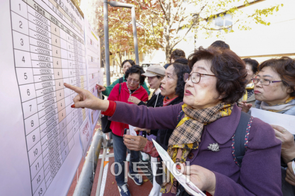 ▲일성여자중고등학교 수능 최고령 응시자 임태수(83·오른쪽) 씨 등 수험생들이 13일 서울 마포구 홍익대학교 사범대학 부속 여자고등학교에서 고사장 확인을 하고 있다. (조현호 기자 hyunho@)