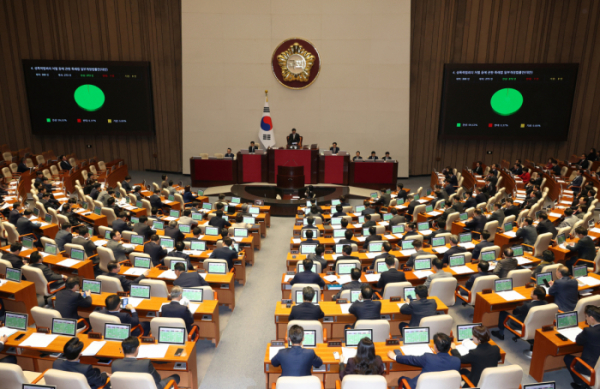 ▲14일 서울 여의도 국회에서 열린 제418회 국회(정기회) 제12차 본회의에서 성폭력범죄의 처벌 등에 관한 특례법 일부개정법률안이 재석 273인, 찬성 272인, 반대 1인으로 가결되고 있다. 2024.11.14.  (뉴시스)