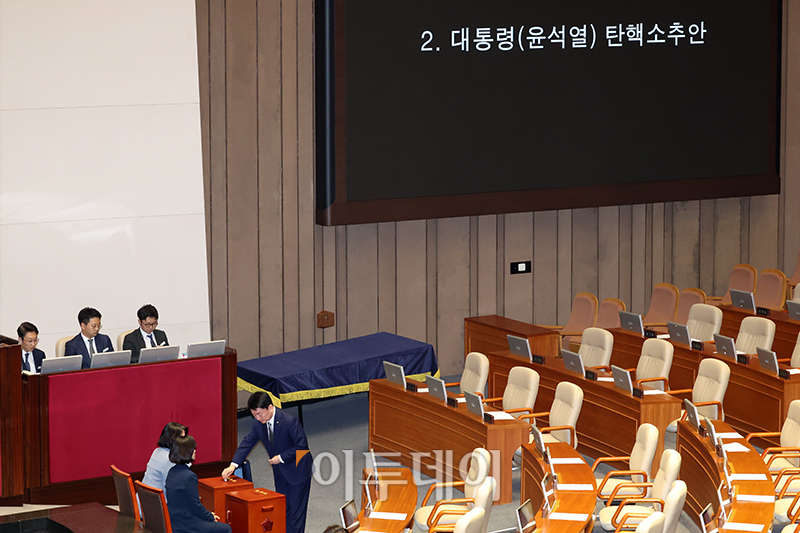 ▲안철수 국민의힘 의원이 7일 서울 여의도 국회에서 열린 본회의에서 윤석열 대통령 탄핵소추안에 대해 투표하고 있다. 고이란 기자 photoeran@