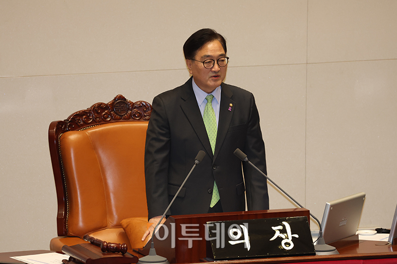 ▲우원식 국회의장이 7일 서울 여의도 국회에서 열린 본회의에서 발언하고 있다. 고이란 기자 photoeran@