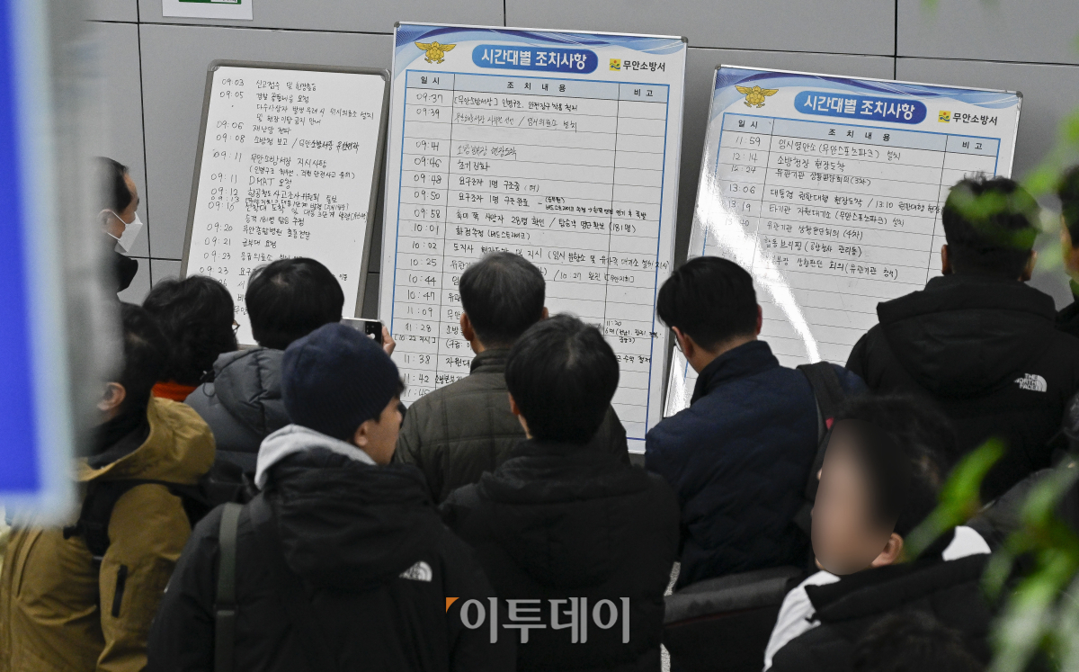 ▲무안국제공항에서 181명이 탑승한 여객기 추락 사고가 발생한 29일 전남 무안군 무안국제공항청사에서 유가족들이 항공기 사고 상황판을 살펴보고 있다. 사고가 난 항공기는 태국 방콕발 제주항공 2216편으로, 랜딩기어 고장으로 동체 착륙하던 중 사고가 난 것으로 파악되고 있다. 소방당국은 여객기에 탑승한 181명 중 구조자 2명을 제외한 인원이 모두 사망한 것으로 추정된다고 밝혔다. 조현호 기자 hyunho@