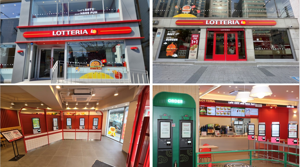 ▲3월 신규 BI 및 인테리어 변경 후 리뉴얼 오픈한 롯데리아 숙대입구역점, 천호역점 매장 전경(위) 및 구로디지털역점, 신림역점 내부 전경(아래) (사진제공=롯데GRS)