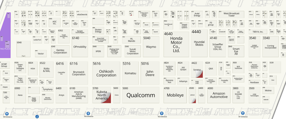 ▲모빌리티 업계 기업들이 대거 등장하는 미국 'CES 2025' 라스베이거스컨벤션센터(LVCC) 웨스트홀에 전시관 배치표.  (CES 2025 홈페이지 캡처)