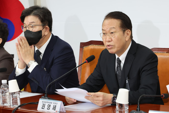 ▲권영세 국민의힘 비상대책위원장이 2일 오전 서울 여의도 국회에서 열린 비상대책위원회의에서 발언하고 있다. (연합뉴스)