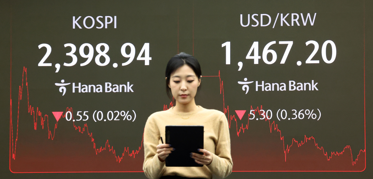 ▲2일 오후 서울 중구 하나은행 본점 딜링룸 현황판에 코스피 지수 등이 표시되고 있다. 사진=연합뉴스