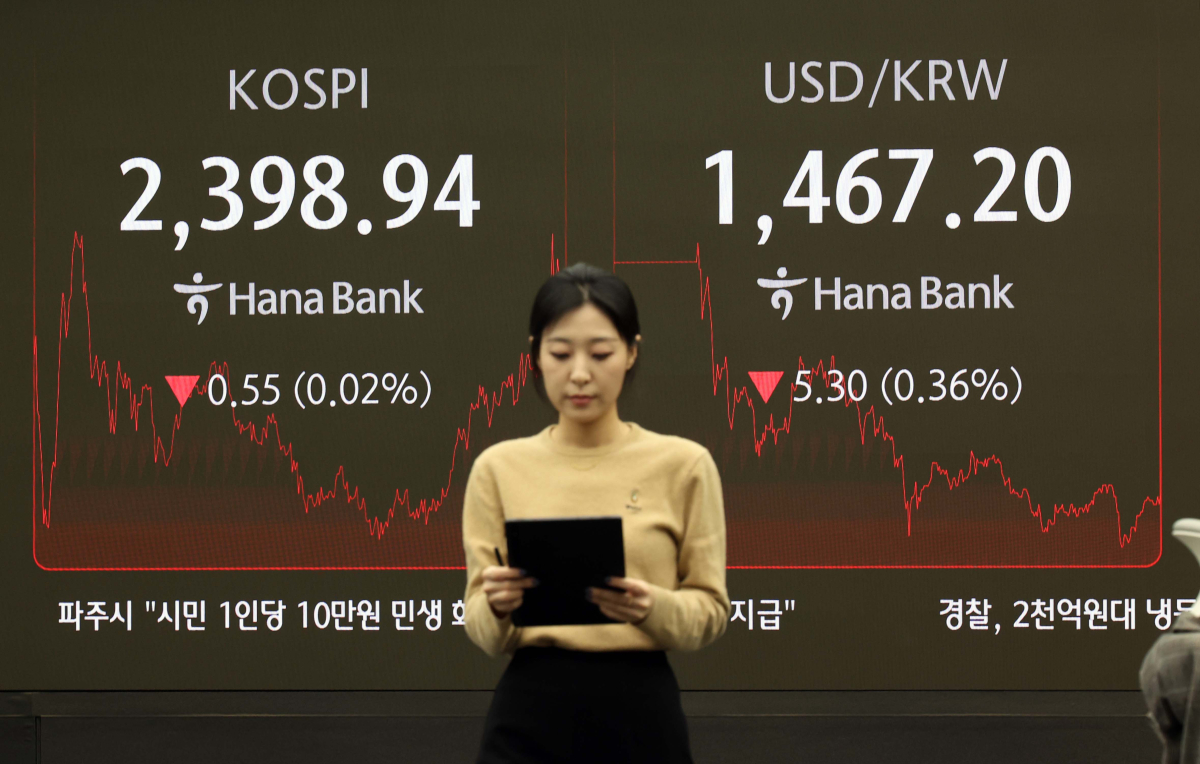 ▲2025년 첫 거래일인 2일 코스피가 외국인과 기관의 매도세에 2390선으로 마감했다. 이날 서울 중구 하나은행 딜링룸에서 관계자들이 업무를 보고 있다. 이날 코스피 지수는 전거래일 대비 0.55포인트(0.02%) 하락한 2398.94에 코스닥은 8.44포인트(1.24%) 오른 686.63에 장을 마쳤다. 신태현 기자 holjjak@