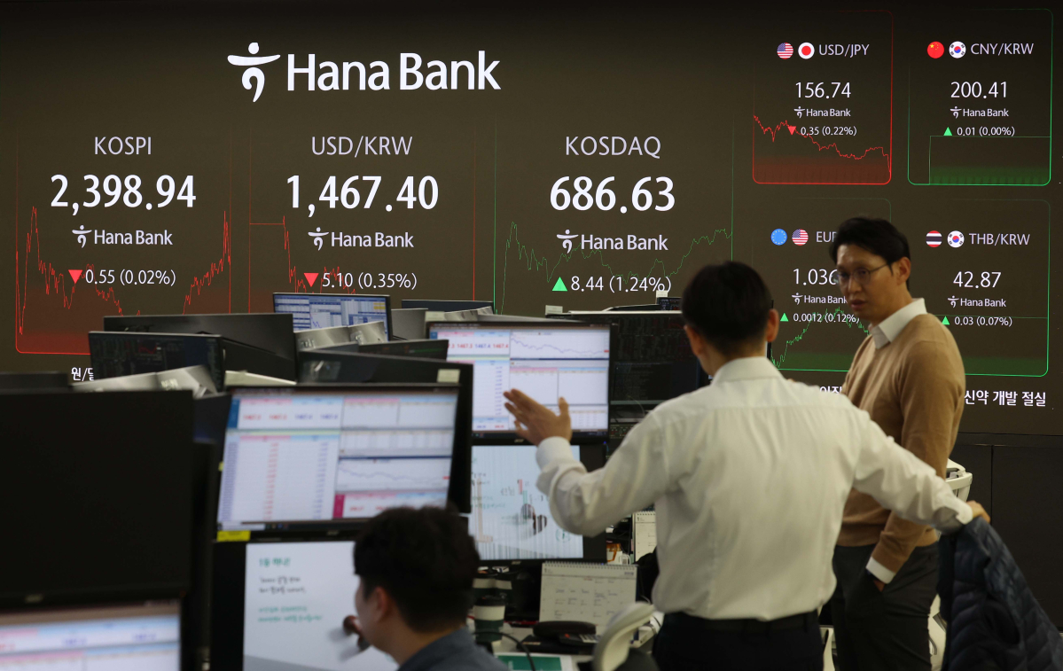 ▲2025년 첫 거래일인 2일 코스피가 외국인과 기관의 매도세에 2390선으로 마감했다. 이날 서울 중구 하나은행 딜링룸에서 관계자들이 업무를 보고 있다. 이날 코스피 지수는 전거래일 대비 0.55포인트(0.02%) 하락한 2398.94에 코스닥은 8.44포인트(1.24%) 오른 686.63에 장을 마쳤다. 신태현 기자 holjjak@