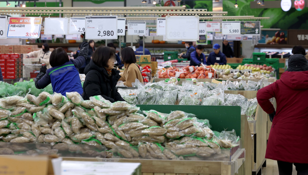 ▲배추와 무 가격이 1년 전보다 1.5배 이상 오르며 소비자 부담을 가중시키는 등 설을 앞두고 일부 농산물 가격이 상승세를 보이고 있다. 정부는 이르면 이번주 물가 관리 대책을 발표한다는 방침이다. 5일 한국농수산식품유통공사(aT)에 따르면 배추 평균 소매가격은 3일 기준 한 포기에 5027원으로 1년 전과 비교해 58.9% 올랐다. 무는 한 개에 3206원으로 1년 전보다 77.4% 비쌌다. 배추와 무 가격 상승은 기후변화 영향에 따른 것으로 지난해 여름철 폭염에다 추석 이후까지 늦더위가 이어지면서 농산물 생육이 부진했다. 설 성수품인 배 가격도 공급량 부족으로 강세다. 배(신고) 평균 소매가격은 10개에 4만1955원으로 1년 전보다 24.6% 상승했다. 이날 서울의 한 대형마트에서 시민들이 장을 보고 있다. 신태현 기자 holjjak@