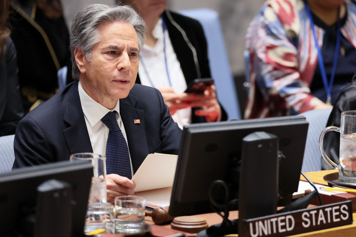 ▲토니 블링컨 미국 국무장관이 지난달 19일 유엔 안전보장이사회에서 발언하고 있다. 뉴욕(미국)/AFP연합뉴스