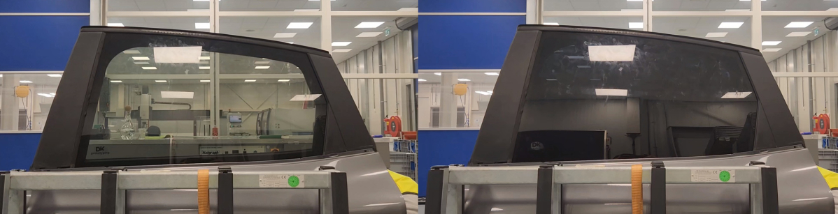 ▲VPLC 기술이 적용된 유리의 투명도 조절 시연 모습. (사진제공=KCC글라스)