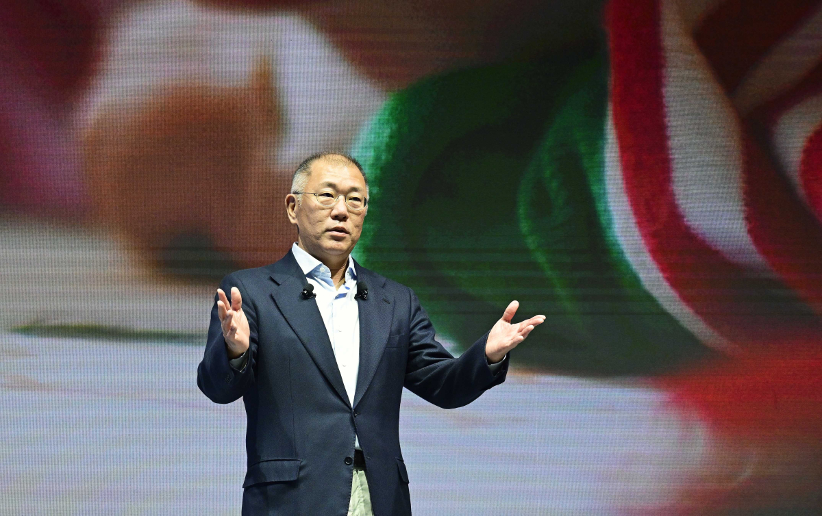 ▲정의선 현대차그룹 회장이 2025년 신년회에서 그룹 임직원들에게 새해메시지를 전하고 있다.  (자료제공=현대차그룹)