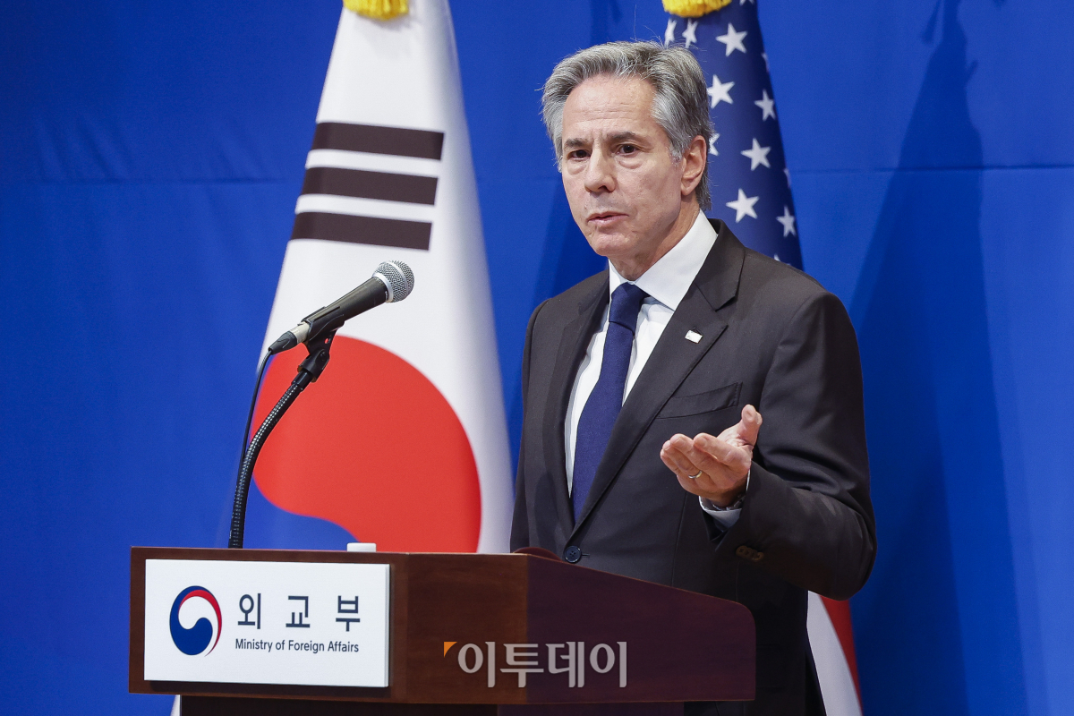 ▲토니 블링컨 미 국무부 장관이 6일 서울 종로구 외교부에서 한미 외교장관 합동 기자회견을 하고 있다. 조현호 기자 hyunho@